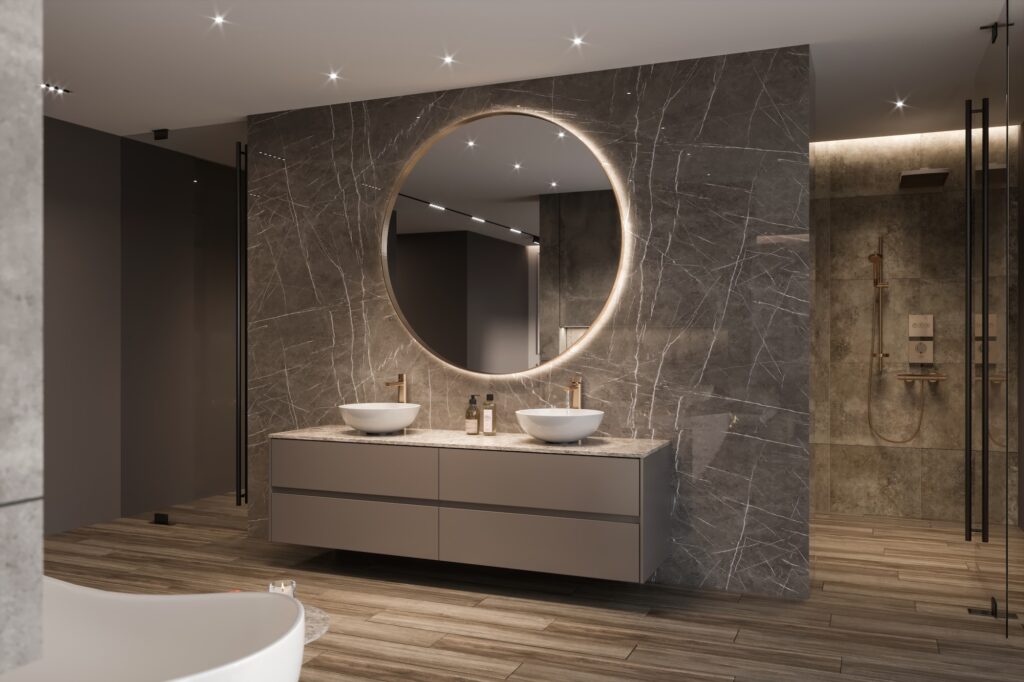 Modern bathroom hotel room interior with shower cabins. Large mirror, sink, marble wall and showers in the background. Render.